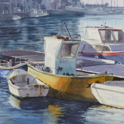 Last Light at Le Croisic - Watercolour Painting Last Light at Le Croisic fishing boats moored in Harbour in France - Watercolour Painting