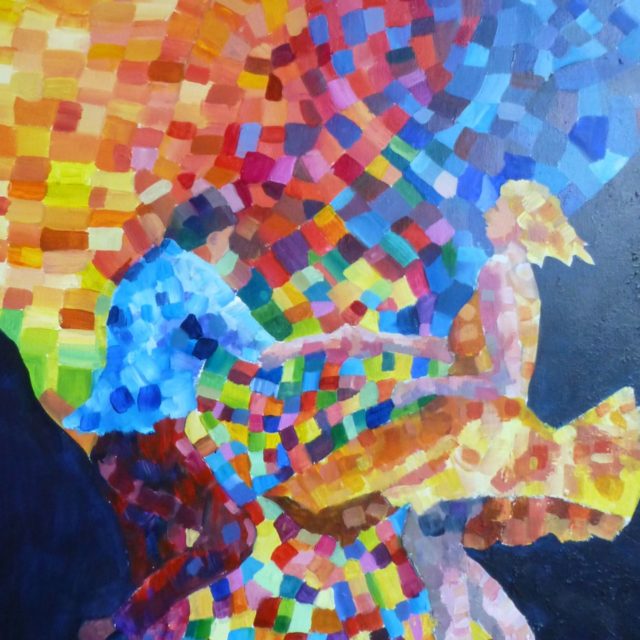 Mixing it up a play on colour theory with two dancers Jiving- Acrylic Painting