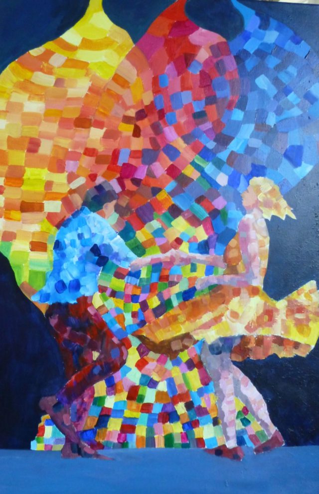 Mixing it up a play on colour theory with two dancers Jiving- Acrylic Painting