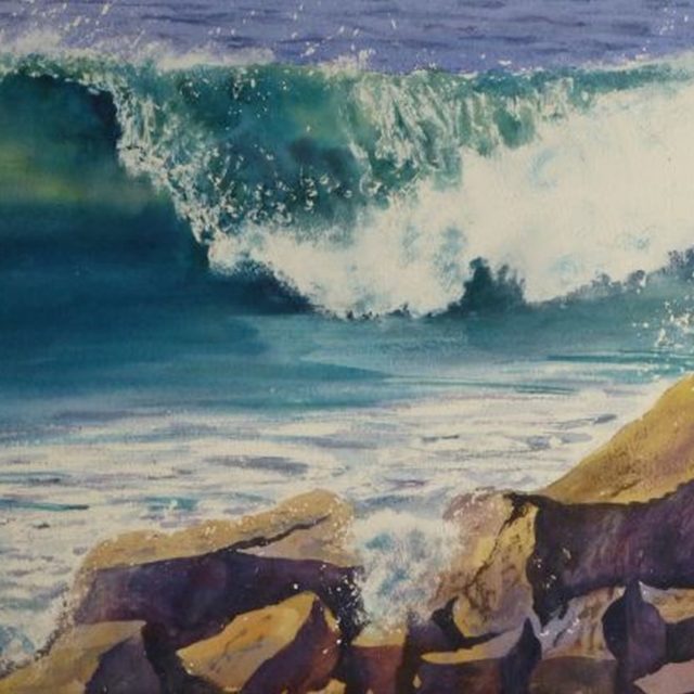 Tidal Tango wave breaking on the beach against rocks - Watercolour Painting