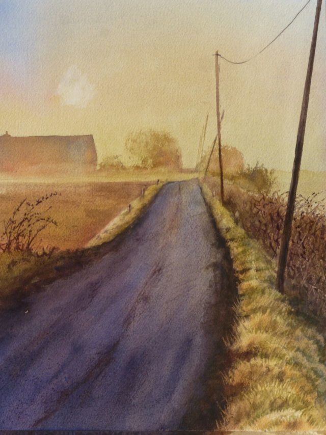 A Chill Morning on Plex Moss Lane across Halsall Moss with telegraph poles and farms in the mist- Watercolour Painting