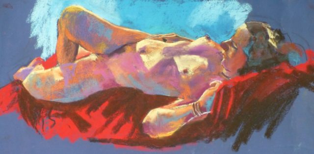 Model in Light reclining female life model - Figurative Pastel Painting