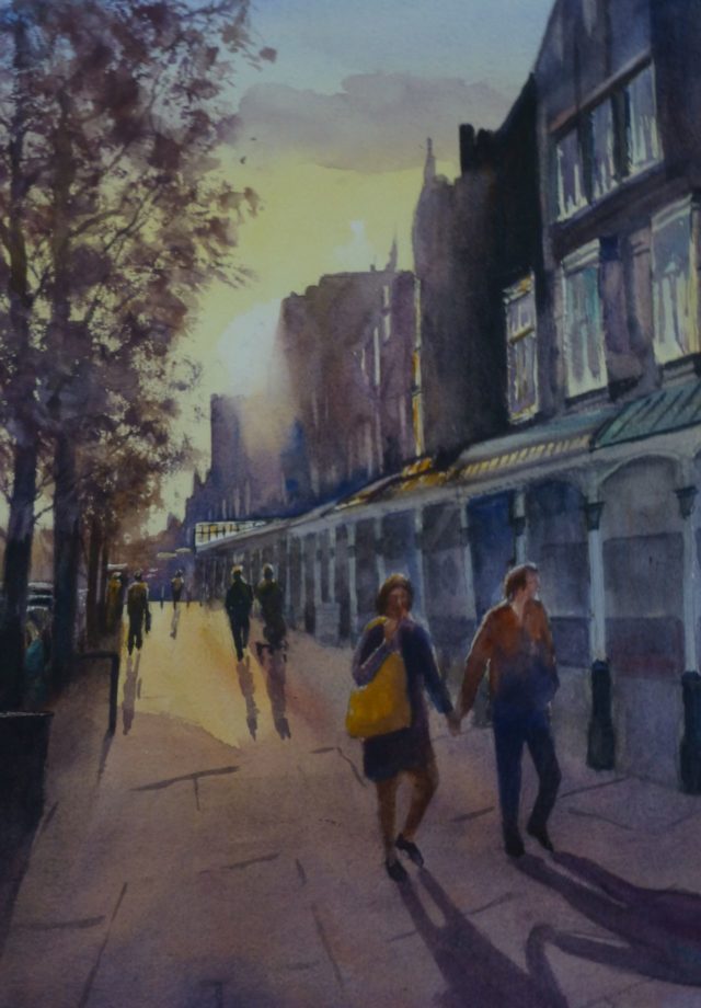 Late Shopping on Lord Street, Southport by covered arcade walkway - Watercolour Painting