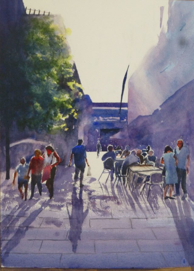 SHOPPING CAN CREATE A THIRST shoppers enjoying a drink at Liverpool 1 - WATERCOLOUR PAINTING