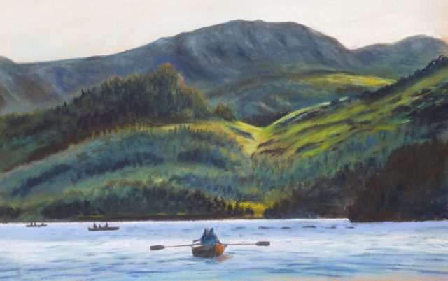 Boating on Derwentwater, near Keswick with rowboats and the jaws of Borrowdale behind - Pastel Painting
