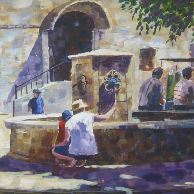 Water and Shade French parents and children around the village fountain in the central square - Acrylic Painting