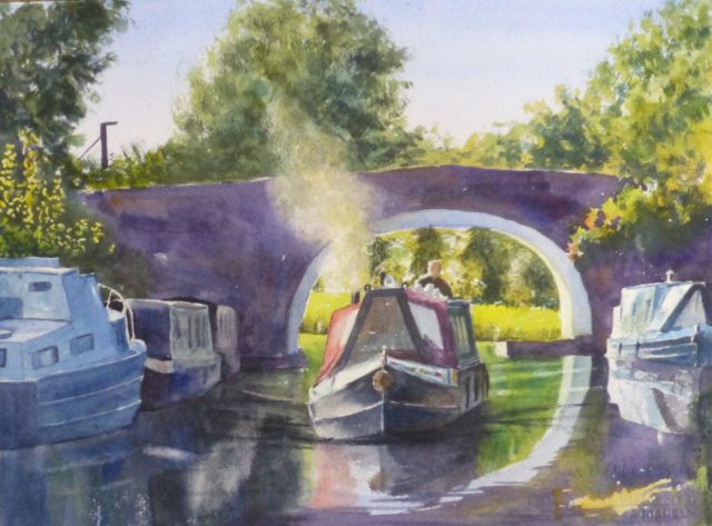 Finding Winter Moorings - Narrowboats on the Leeds to Liverpool Canal near Crosby going under canal bridge - Watercolour Painting