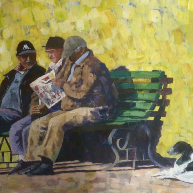 A Few Moments to Relax. Old men sat on a bench reading newspapers and talking whilst their dog waits- Acrylic Painting