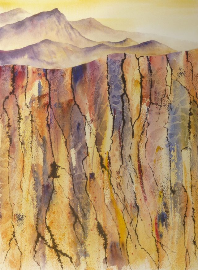 Beneath the Surface. Abstract with colour and line beneath a barren landscape - Watercolour Painting