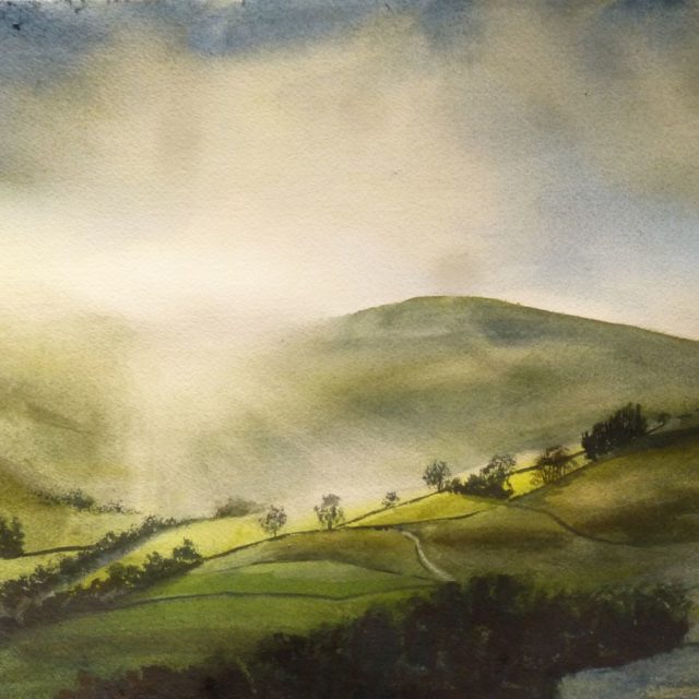 The Sun Comes up over Bowland Sunlight brightly obscuring the hillside and illuminating trees and valleys - Watercolour Painting