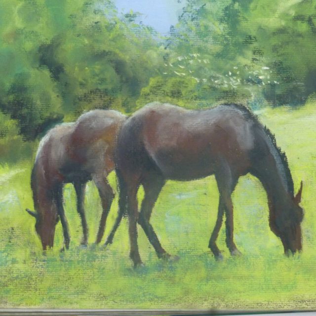 Dining Out two race horses eating grass in a paddock - Pastel Painting