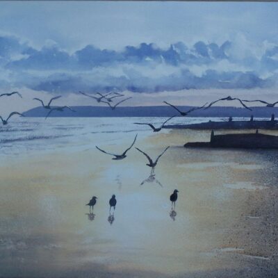 Seagulls on the Beach at Bexhill. Watercolour painting Seagulls on the Beach at Bexhill with a view of Beachy Head. Watercolour painting