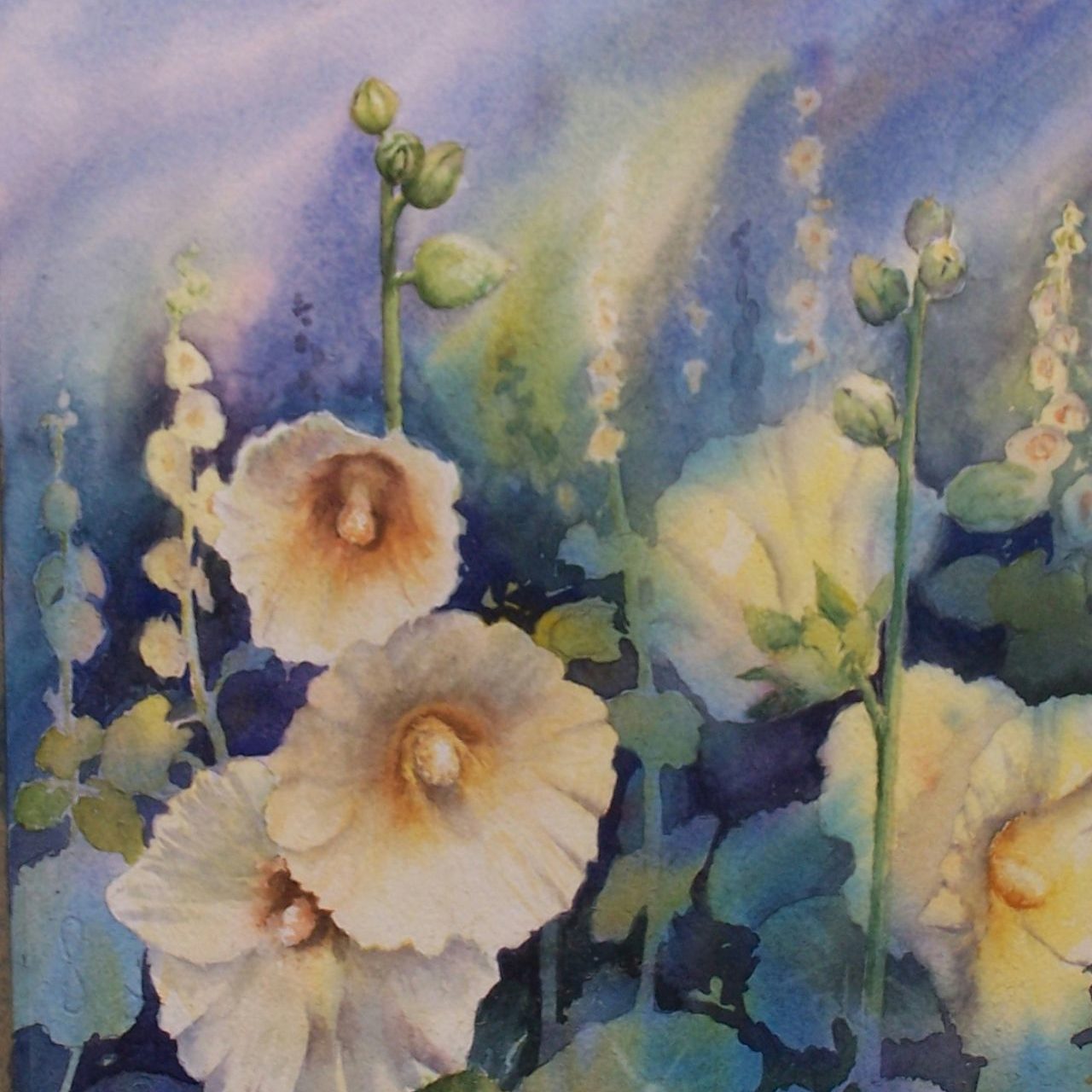 Hollyhock flowers and foliage. Floral Watercolour painting