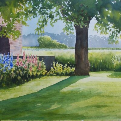 Garden in Lunt with tree casting a shadow over a flower border. Watercolour painting