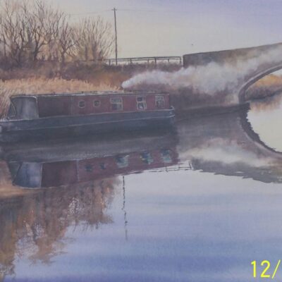 Narrowboats on the Leeds and Liverpool Canal. Watercolour painting Narrowboat and bridge on the Leeds and Liverpool Canal. Watercolour painting