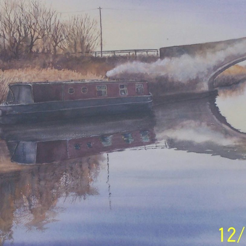 Narrowboat and bridge on the Leeds and Liverpool Canal. Watercolour painting