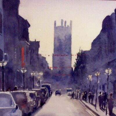 Bold Street, Liverpool. Watercolour painting Bold Street, Liverpool with cars, pedestrians and Bombed out Church. Watercolour painting