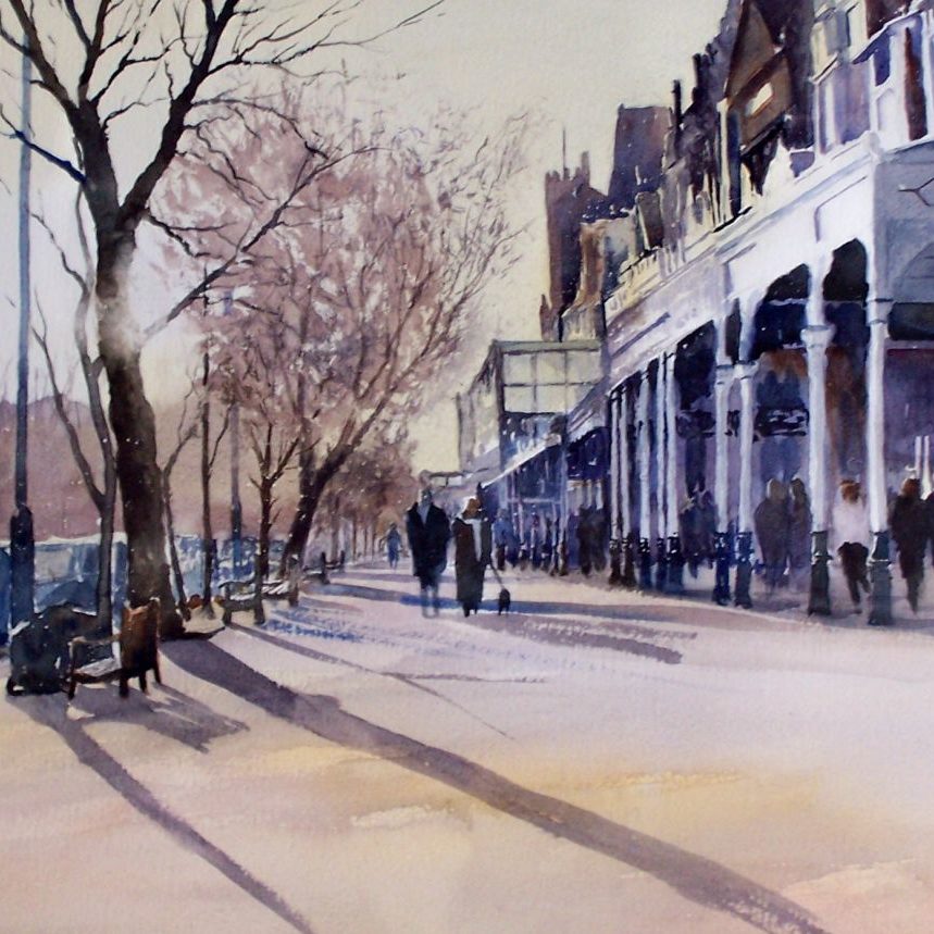 Southport, Lord Street with pedestrians and covered walkway. Watercolour painting