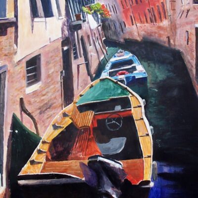 Distorted Venice Canal. Acrylic painting Distorted view of boats and buildings on a Venice Canal. Acrylic painting