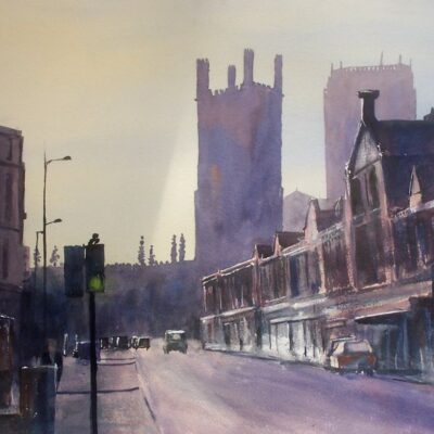Renshaw Street, Liverpool. Watercolour painting Renshaw Street, Liverpool with bombed out church and Anglican Cathedral. Watercolour painting