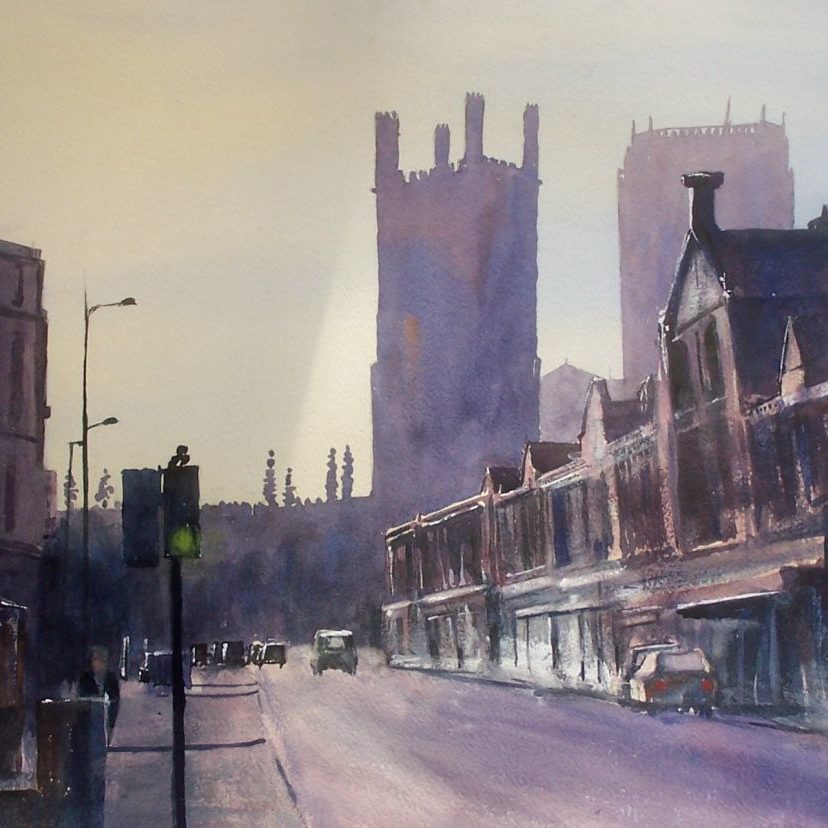 Renshaw Street, Liverpool with bombed out church and Anglican Cathedral. Watercolour painting