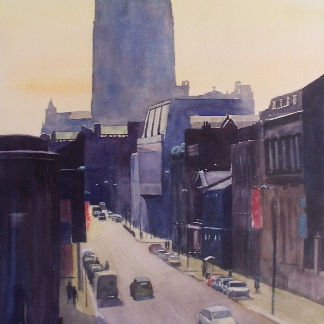 Hope Street, Liverpool. with view of Anglican Cathedral. Watercolour painting