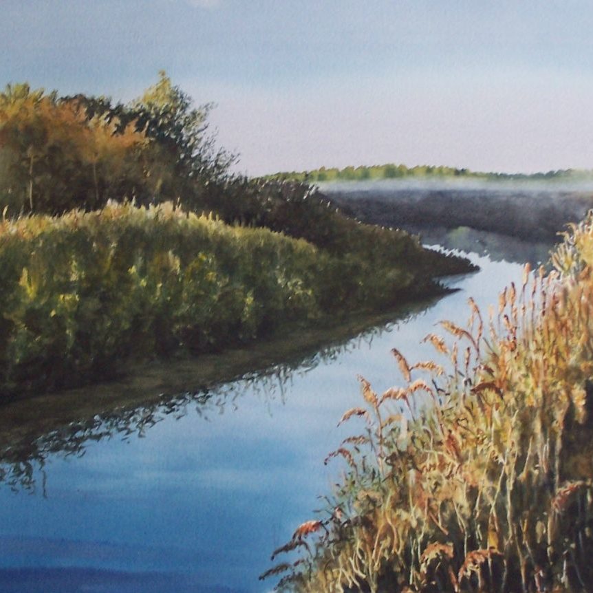 The Alt river at Formby with rushes and autumn mist. Watercolour painting