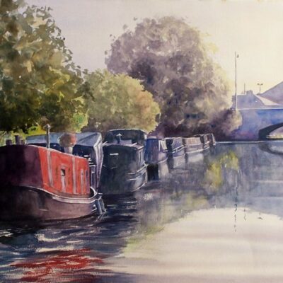 Narrow Boats at Burscough Lancashire. Watercolour painting Narrow Boats at Burscough Lancashire on the Leeds/Liverpool Canal. Watercolour painting