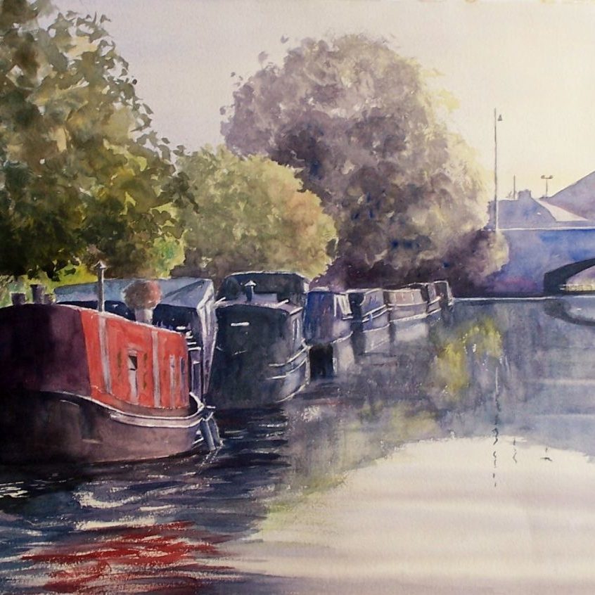 Narrow Boats at Burscough Lancashire on the Leeds/Liverpool Canal. Watercolour painting