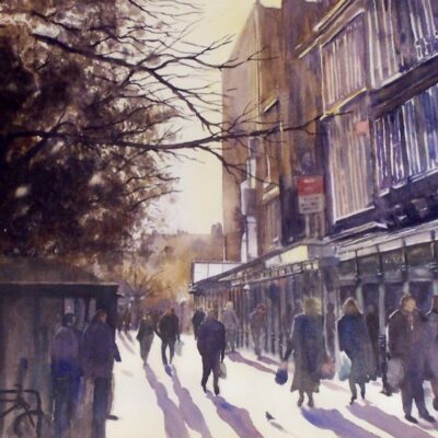 Southport Lord Street - Watercolour painting Southport Lord Street with pedestrians under the awnings- Watercolour painting