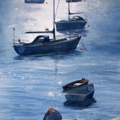 Sailing boats at anchor. Watercolour painting Sailing boats at anchor in the morning sun and a man preparing his rowing boat. Watercolour painting
