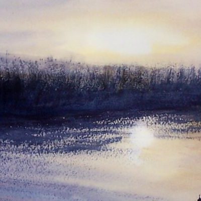 Sunrise, Leeds and Liverpool Canal at Haskayne. Watercolour painting
