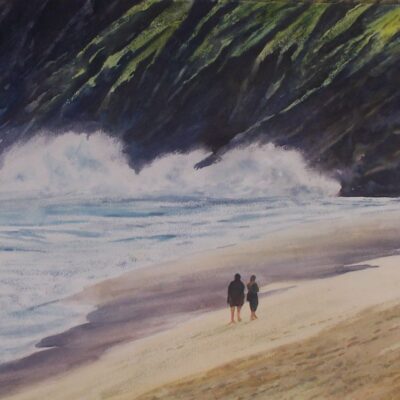The Beach after the Storm. Watercolour painting The Beach after the Storm with breakers on the cliffs and sand and two figures walking. Watercolour painting