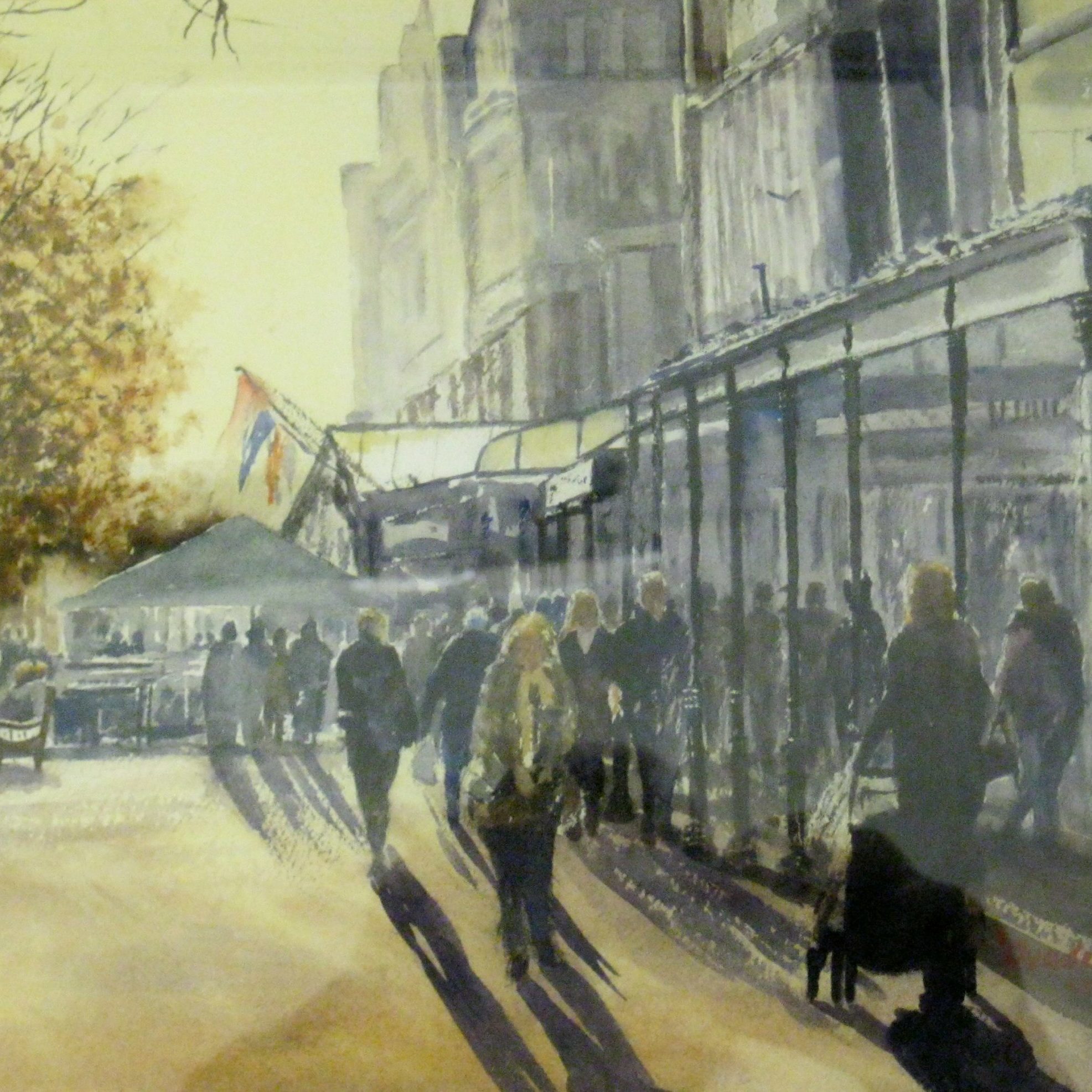 Lord Street and Scarisbrick Hotel, with pedestrians, Southport. Watercolour painting
