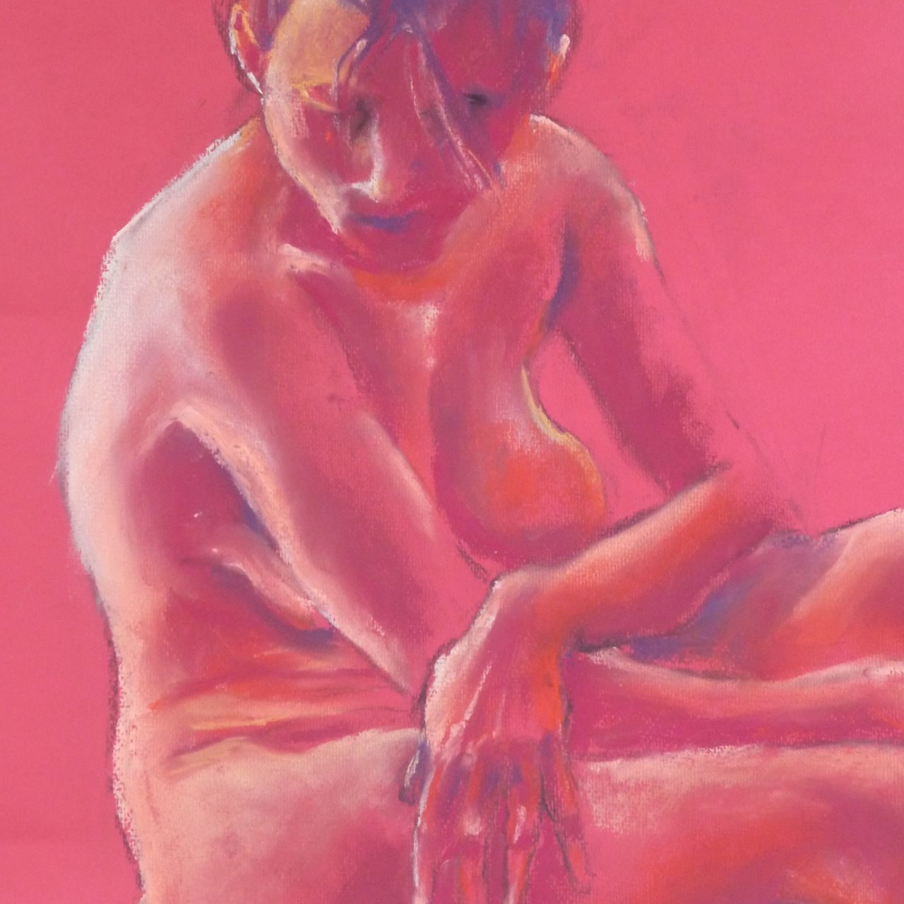 Figurative, Life Model in Pink, Female seated. Pastel painting