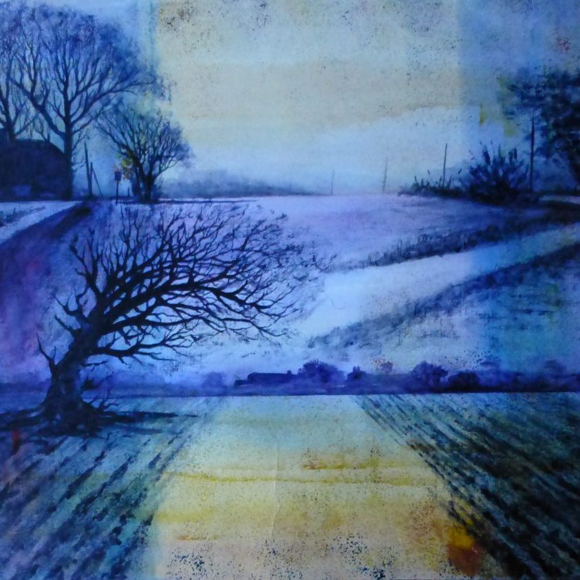 Halsall Moss, Farmland, trees and buildings. Contemporary landscape acrylic painting