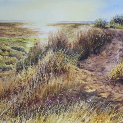 Birkdale Beach Sand Dunes and marram grass at sunset. Watercolour painting