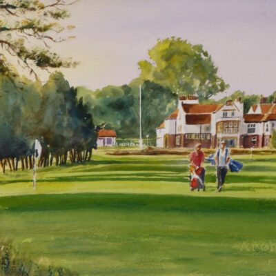 Formby Golf Club. Watercolour painting Formby Golf Club with clubhouse and golfers on the green. Watercolour painting