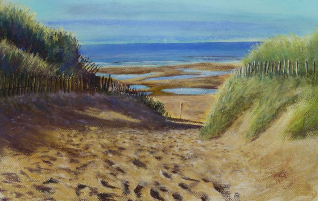 Formby Beach, Lifeboat Road. view of the sea through dunes and marram grass, Pastel painting