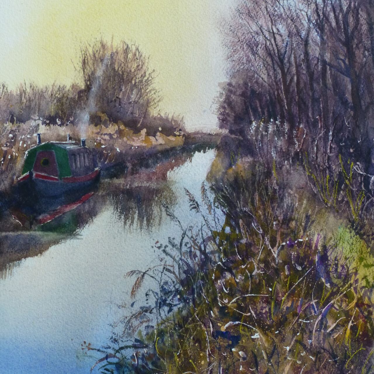 Leeds and Liverpool canal with narrowboat, canal path and water rushes, Burscough, watercolour painting