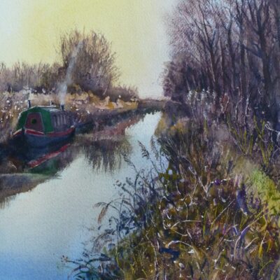 Canal Path – Watercolour Painting Leeds and Liverpool canal with narrowboat, canal path and water rushes, Burscough, watercolour painting