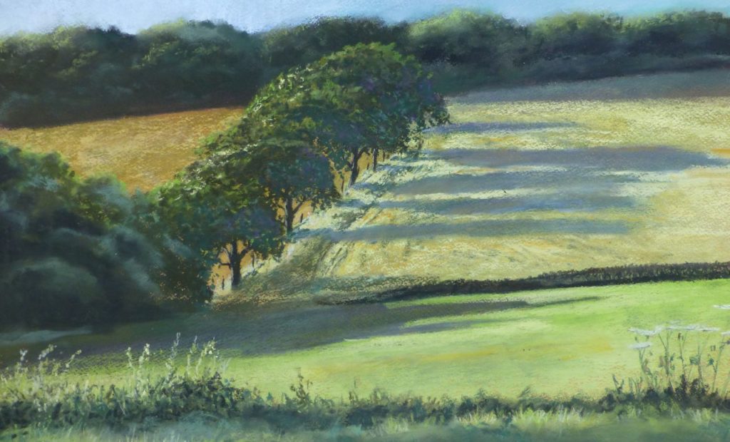 Parbold Hill, trees and evening shadows. Pastel painting