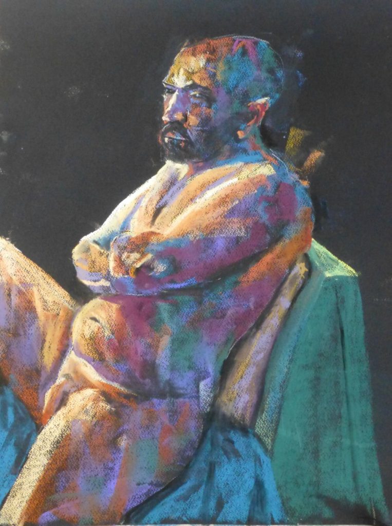 A pastel painting of a male figure life model seated