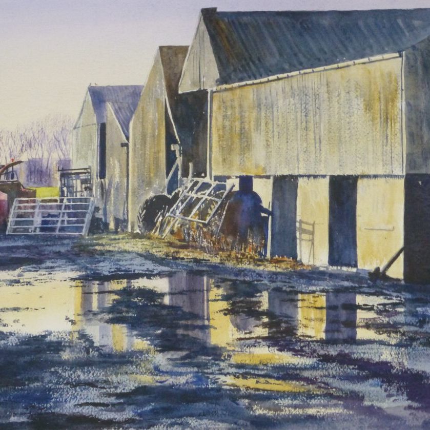 Farmyard, Segars Lane, Southport with reflective puddles in the yard. Watercolour Painting