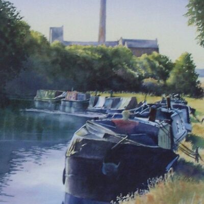 Canals and Narrowboats at Lathom. Watercolour painting Canals and Narrowboats at Lathom and factory and chimney. Watercolour painting