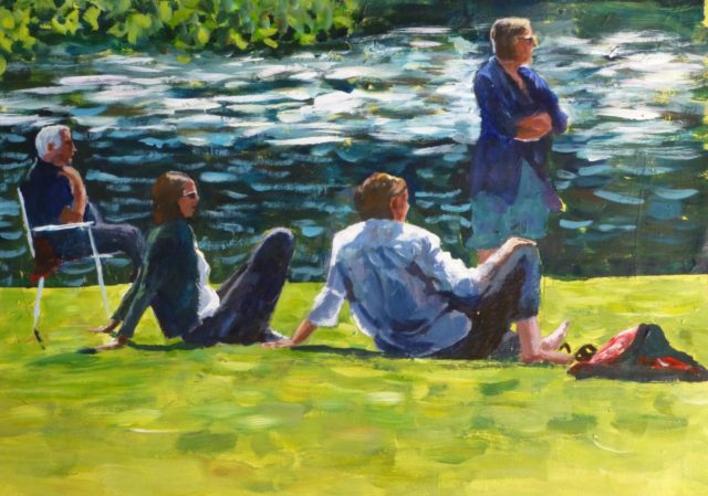 An Acrylic painting of a group of people in various poses sat by the River Thames reminiscent of a Sunday on the Grande Jatte