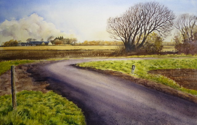 A Bend in Plex Moss Lane - a watercolour painting depicting a lane across Halsall Moss, Southport with a view of fields, spring trees and farms