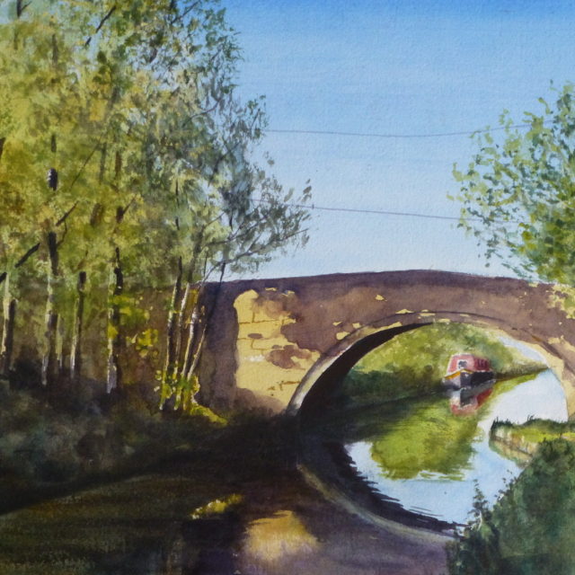 A watercolour painting of the Leeds to Liverpool Canal at Plex Lane, Halsall on a sunny morning with reflections and dappled sunlight.