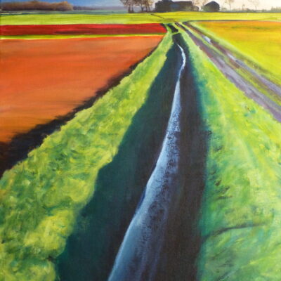 A Storm Passes Green Kettle Farm - Acrylic Painting An Acrylic painting of Green Kettle Farm on the flat land of Halsall Moss outside Southport with a storm passing and full drainage ditches