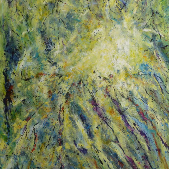 An abstract acrylic painting in greens yellows and blues giving textural surface of a topographical nature